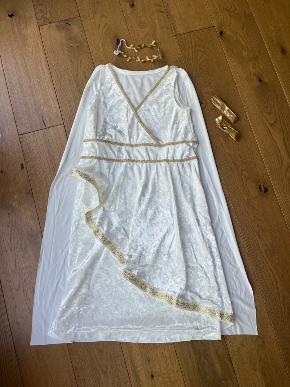 Greek costume Girls Medium White Velvet and Gold Goddess Costume Dress with Cape